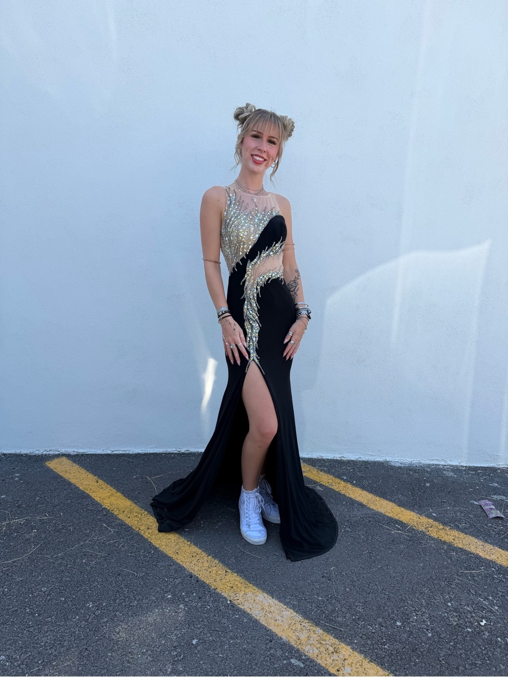 JVN by Jovani Black Evening Gown with Gold Sequin Detail